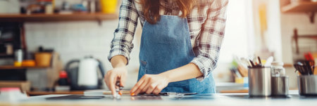 Woman in apron slicing food on a cutting board in a kitchen setting.の素材