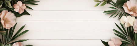 White wooden background adorned with delicate pink flowers and green leaves,.の素材