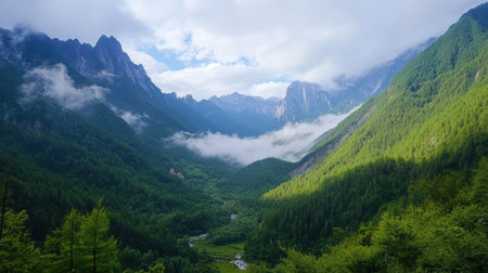 Scenic valley view showcasing a serene river flowing through the landscape,.の素材