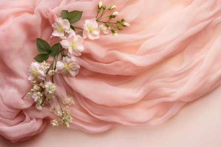 A stylish pink scarf adorned with elegant white flowers, showcasing a blend of vibrant color and floral design for a fashionable accessory,.の素材