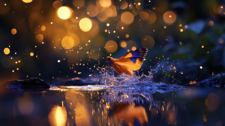 A butterfly gracefully flies above a tranquil body of water,.の素材