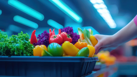 Person harvesting vegetables from a black container outdoors,.の素材