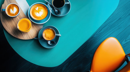 Three coffee cups sit on a table with a tray, creating a cozy atmosphere,.の素材