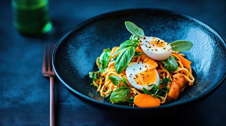 Black plate featuring a fresh salad and eggs arranged artfully,.の素材