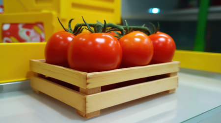 Fresh tomatoes neatly arranged in a rustic wooden crate on a kitchen counter,.の素材