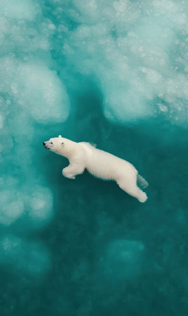 A polar bear floats in clear water under a bright sun on a beautiful day,.の素材