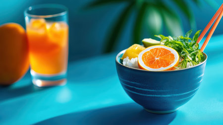 A bowl filled with fresh fruit and vegetables alongside a drink in the background,.の素材