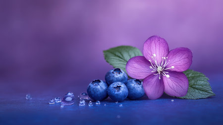 A vibrant purple flower with green leaves and blue berries on a calming blue surface,.の素材