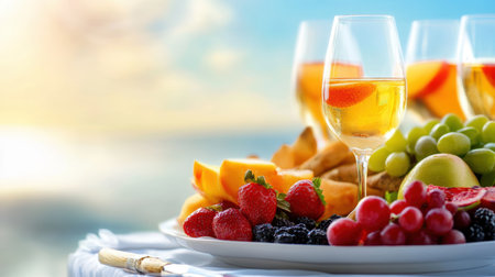 Two wine glasses beside a plate of fresh fruit on a table,.の素材