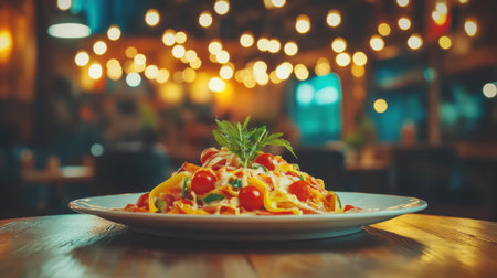 A plate of pasta topped with fresh tomatoes and parsley garnishes,.の素材