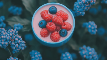 A blue bowl filled with fresh berries and blueberries displays vibrant colors and textures,.の素材