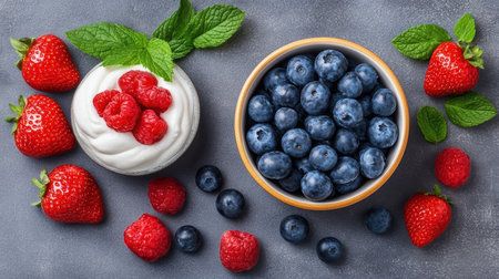 A bowl filled with arafies and berries sits on a table, showcasing a colorful arrangement,.の素材