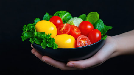 A person presents a colorful bowl of fresh vegetables against a dark backdrop,.の素材