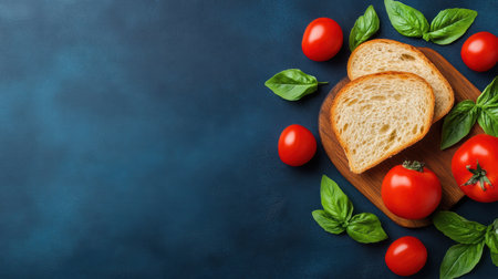 Fresh tomatoes, bread, and basil leaves arranged on a cutting board for a delightful meal preparation,.の素材