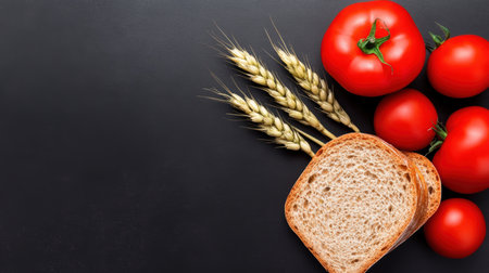 Fresh tomatoes and bread arranged on a black surface with wheat accents in the background,.の素材