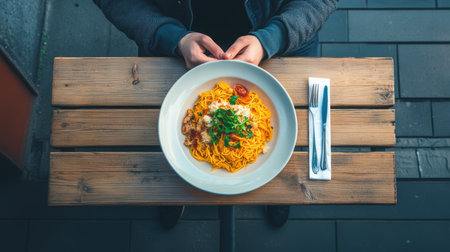 Person dining at a table with a bowl of pasta meal,.の素材