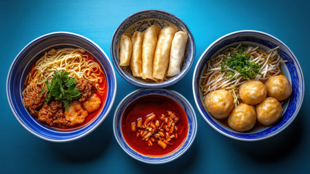 Three bowls filled with food are neatly placed on a blue table surface,.の素材