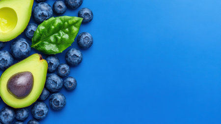 Fresh blueberries and avocados displayed on a vibrant blue surface,.の素材