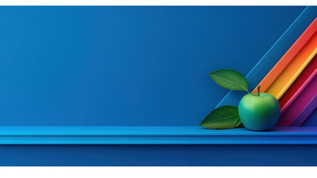 Vivid background featuring an apple and leaves placed on a shelf,.の素材