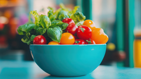 A bowl contains fresh tomatoes and basil placed on a table,.の素材