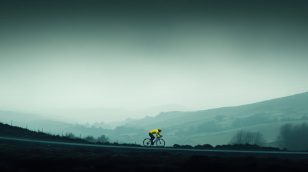 A person cycles on a road while holding a yellow umbrella,.の素材