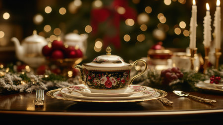A table set with a tea pot, cup, saucer, and plate ready for tea time,.の素材