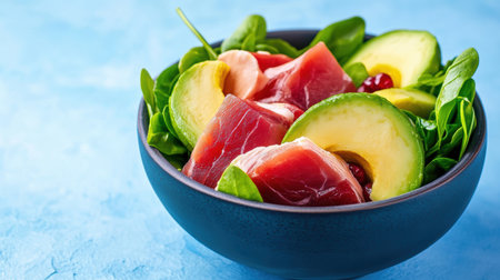 A bowl filled with meat, avocado, and spinach offers a nutritious meal option,.の素材
