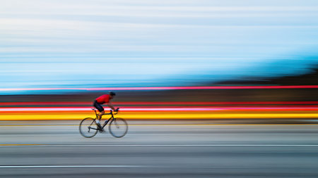 Blurred view of a man cycling through an urban street scene,.の素材