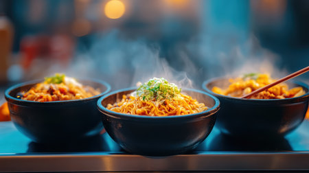 Three noodle bowls with chopsticks arranged neatly on a tray,.の素材