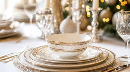 A white table displays a gold plate accompanied by elegant silverware,.の素材