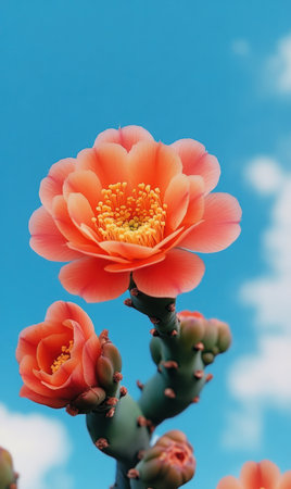 A flower blooms on a stem against a clear blue sky backdrop,.の素材