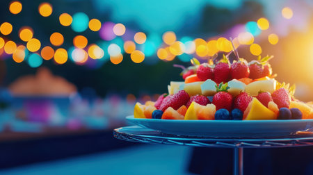 A plate of assorted fruit sits on a table with decorative lights glowing in the background,.の素材