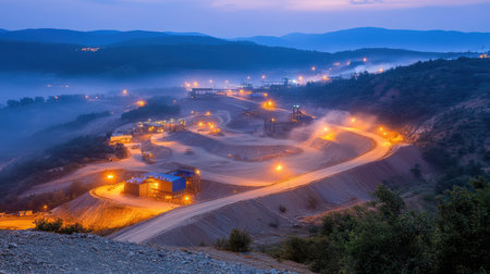 Aerial view of a winding road alongside a majestic mountain landscape,.の素材