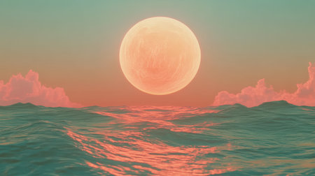 Aerial view of a full moon illuminated above the ocean waves at dusk,.の素材