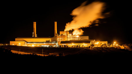 Nighttime factory scene with smoke billowing into the air,.の素材