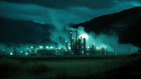 Night scene of an industrial plant releasing thick smoke into the air,.の素材