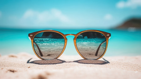 Sunglasses resting on sandy beach with a vibrant blue ocean backdrop,.の素材