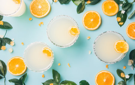 Three glasses of orange juice adorned with orange slices and green leaves,.の素材