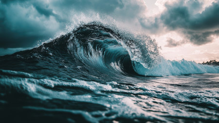 Aerial view of a breaking wave in the ocean under a cloudy sky,.の素材