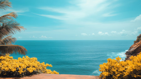 Ocean view from a cliff adorned with vibrant yellow flowers,.の素材