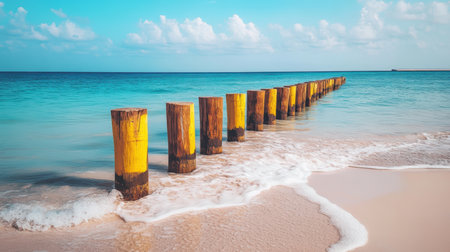 A wooden pier extends over the beach, close to the water's edge,.の素材