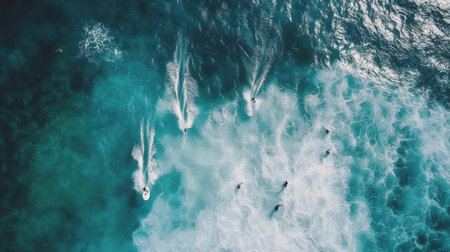 Surfers enjoy a sunny day riding waves on their boards in the ocean,.の素材