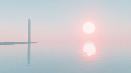 A distant monument stands under a bright sun on a clear day,.の素材