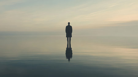 Man stands in water, surrounded by nature, creating a serene and tranquil atmosphere,.の素材