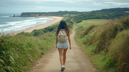 A giraffe strolls along a dirt road leading to the ocean,.の素材