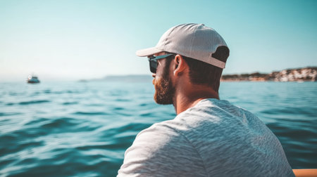 A man sits calmly on a boat floating in tranquil water,.の素材