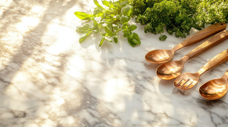 Three wooden spoons rest beside two more on a sleek marble counter surface,.の素材