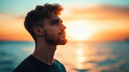 Man gazes at a tranquil sunset over the vast ocean horizon,.の素材