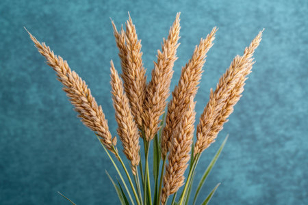 Wheat stalks arranged in a vase placed on a table for a rustic decor touch,.の素材