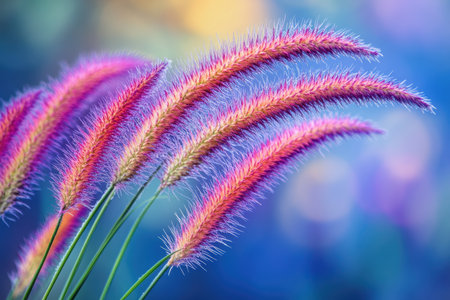 Vibrant purple grass with pink stems set against a striking blue backdrop,.の素材